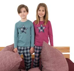 Kinder-Pyjama 140 | mineral/dunkelblau kariert